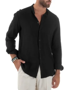 Camicia Lino Slim Fit Collo Coreano Nero C3048A