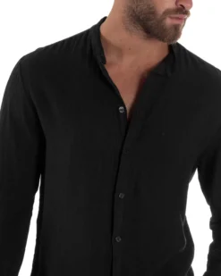 Camicia Lino Slim Fit Collo Coreano Nero C3048A