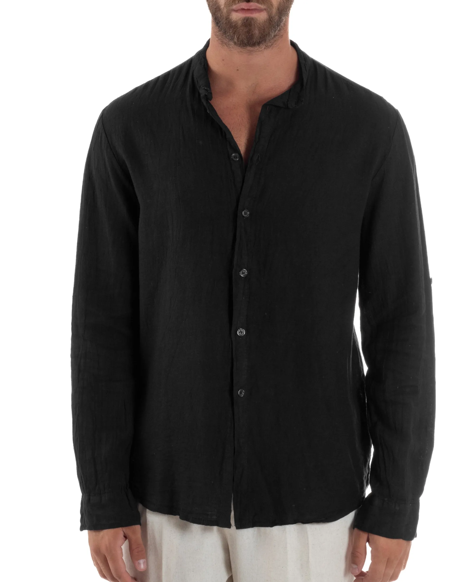 Camicia Lino Slim Fit Collo Coreano Nero C3048A