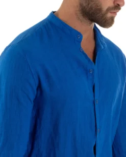 Camicia Lino Slim Fit Collo Coreano Blu Royal C3047A