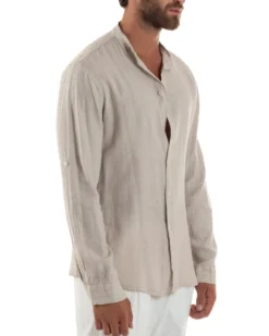 Camicia Lino Slim Fit Collo Coreano Beige C3050A