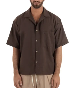 Camicia maniche corte uomo colletto bowling taschino relaxed fit marrone GIOSAL-CC1232A