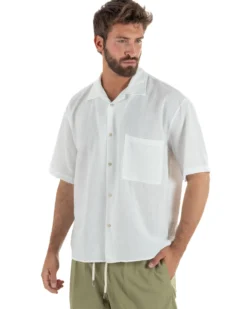 Camicia maniche corte uomo colletto bowling taschino relaxed fit bianco GIOSAL-CC1233A