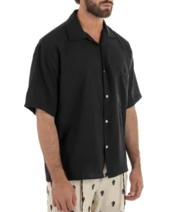 Camicia maniche corte uomo colletto bowling taschino relaxed fit nero GIOSAL-CC1231A