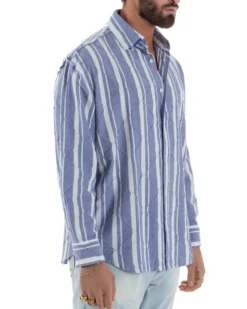 Camicia uomo boxy-fit colletto oxford cuciture losanghe rigata blu BERNA M-261233