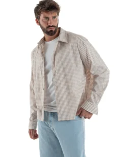 Camicia uomo boxy fit quadri stampa retro beige GIOSAL-C3082A