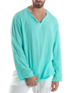 Camicia Uomo Casacca Cotone Lino Scollo V Sfrangiata Regular Fit Verde Acqua GIOSAL-C2849A