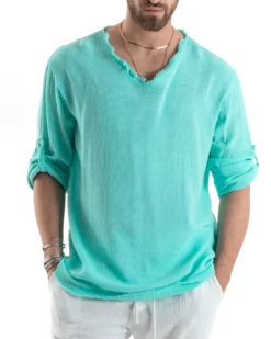 Camicia Uomo Casacca Cotone Lino Scollo V Sfrangiata Regular Fit Verde Acqua GIOSAL-C2849A