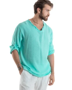 Camicia Uomo Casacca Cotone Lino Scollo V Sfrangiata Regular Fit Verde Acqua GIOSAL-C2849A