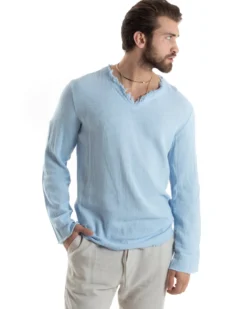 Camicia Uomo Casacca Cotone Lino Scollo V Sfrangiata Regular Fit Celeste GIOSAL-C2852A