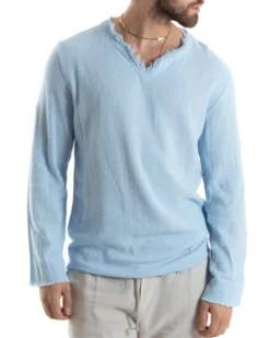 Camicia Uomo Casacca Cotone Lino Scollo V Sfrangiata Regular Fit Celeste GIOSAL-C2852A