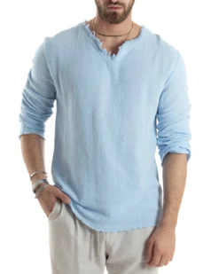 Camicia Uomo Casacca Cotone Lino Scollo V Sfrangiata Regular Fit Celeste GIOSAL-C2852A