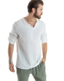 Camicia Uomo Casacca Cotone Lino Scollo V Sfrangiata Regular Fit Bianco GIOSAL-C2846A