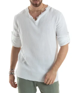 Camicia Uomo Casacca Cotone Lino Scollo V Sfrangiata Regular Fit Bianco GIOSAL-C2846A