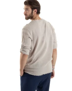 Camicia Uomo Casacca Cotone Lino Scollo V Sfrangiata Regular Fit Beige GIOSAL-C2848A