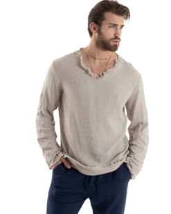 Camicia Uomo Casacca Cotone Lino Scollo V Sfrangiata Regular Fit Beige GIOSAL-C2848A