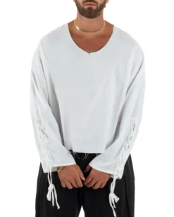 Camicia uomo casacca girocollo crop lino over fit taglio vivo bianco GIOSAL-C3098A