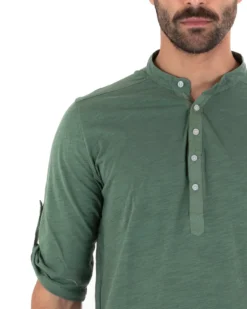 Camicia Uomo Casacca Morbida Serafino Bottoni Manica 3/4 Cotone Tinta Unita Verde Militare GIOSAL-C2340A