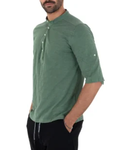 Camicia Uomo Casacca Morbida Serafino Bottoni Manica 3/4 Cotone Tinta Unita Verde Militare GIOSAL-C2340A