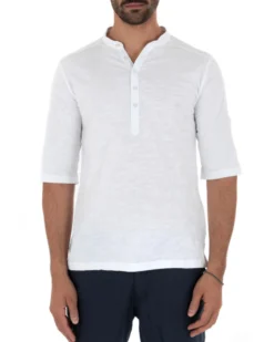 Camicia Uomo Casacca Morbida Serafino Bottoni Manica 3/4 Cotone Tinta Unita Bianco GIOSAL-C2339A