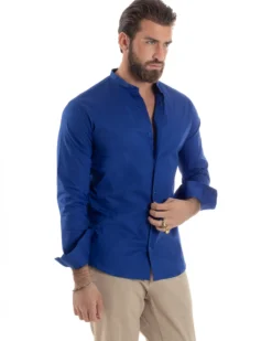 Camicia Uomo Collo Coreano Cotone Basic Sartoriale Slim Fit Blu Royal C2932A