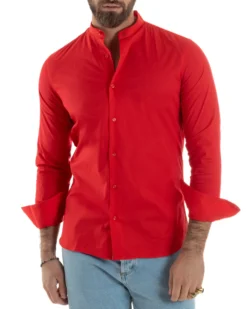 Camicia Uomo Collo Coreano Cotone Basic Sartoriale Slim Fit Rosso C2929A