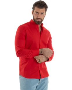 Camicia Uomo Collo Coreano Cotone Basic Sartoriale Slim Fit Rosso C2929A
