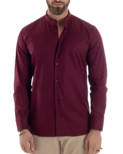Camicia Uomo Collo Coreano Cotone Basic Sartoriale Slim Fit Bordeaux C2935A