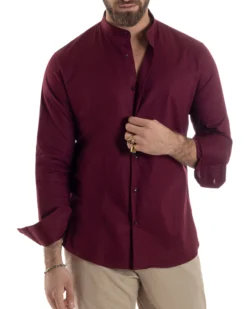 Camicia Uomo Collo Coreano Cotone Basic Sartoriale Slim Fit Bordeaux C2935A