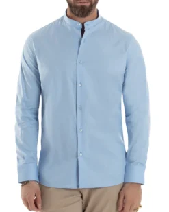 Camicia Uomo Collo Coreano Cotone Basic Sartoriale Slim Fit Celeste C2939A