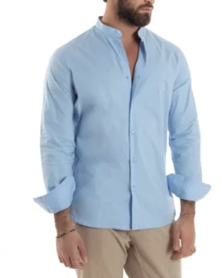 Camicia Uomo Collo Coreano Cotone Basic Sartoriale Slim Fit Celeste C2939A