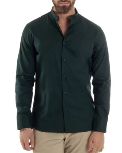 Camicia Uomo Collo Coreano Cotone Basic Sartoriale Slim Fit Verde Bottiglia C2936A
