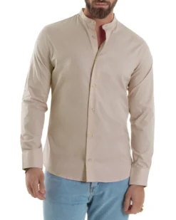 Camicia Uomo Collo Coreano Cotone Basic Sartoriale Slim Fit Beige C2937A