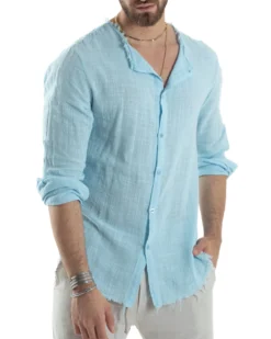 Camicia Uomo Collo Coreano Cotone Lino Sfrangiata Morbida Celeste GIOSAL-C2837A