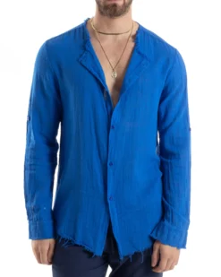 Camicia Uomo Collo Coreano Cotone Lino Sfrangiata Morbida Blu Royal GIOSAL-C2842A