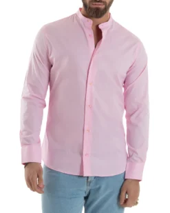 Camicia Uomo Collo Coreano Cotone Basic Sartoriale Slim Fit Rosa C2933A