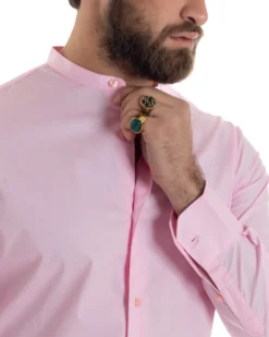 Camicia Uomo Collo Coreano Cotone Basic Sartoriale Slim Fit Rosa C2933A