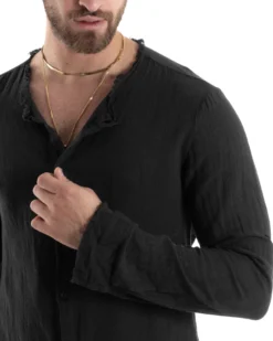 Camicia Uomo Collo Coreano Cotone Lino Sfrangiata Morbida Nero GIOSAL-C2843A