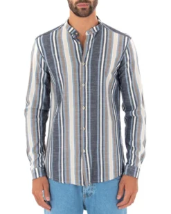 Camicia Uomo Collo Coreano Lino Rigata Sartoriale Blu GIOSAL-C2342A
