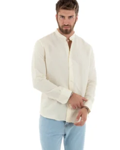 Camicia Uomo Collo Coreano Manica Lunga Lino Cotone Regular Fit Rigata Giallo GIOSAL-C2753A