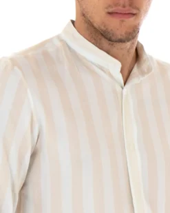 Camicia Uomo Collo Coreano Manica Lunga Viscosa Fantasia a Righe Beige GIOSAL-C1919A