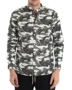 Camicia Uomo Collo Coreano Manica Lunga Cotone Fantasia Militare GIOSAL-C2442A