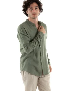 Camicia Uomo Collo Coreano Slim Fit Lino Tinta Unita Maniche Lunghe Verde GIOSAL-C2886A
