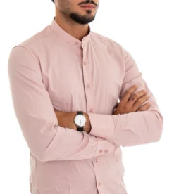 Camicia Uomo Collo Coreano Slim Fit Basic Casual Cotone Rosa C1817A