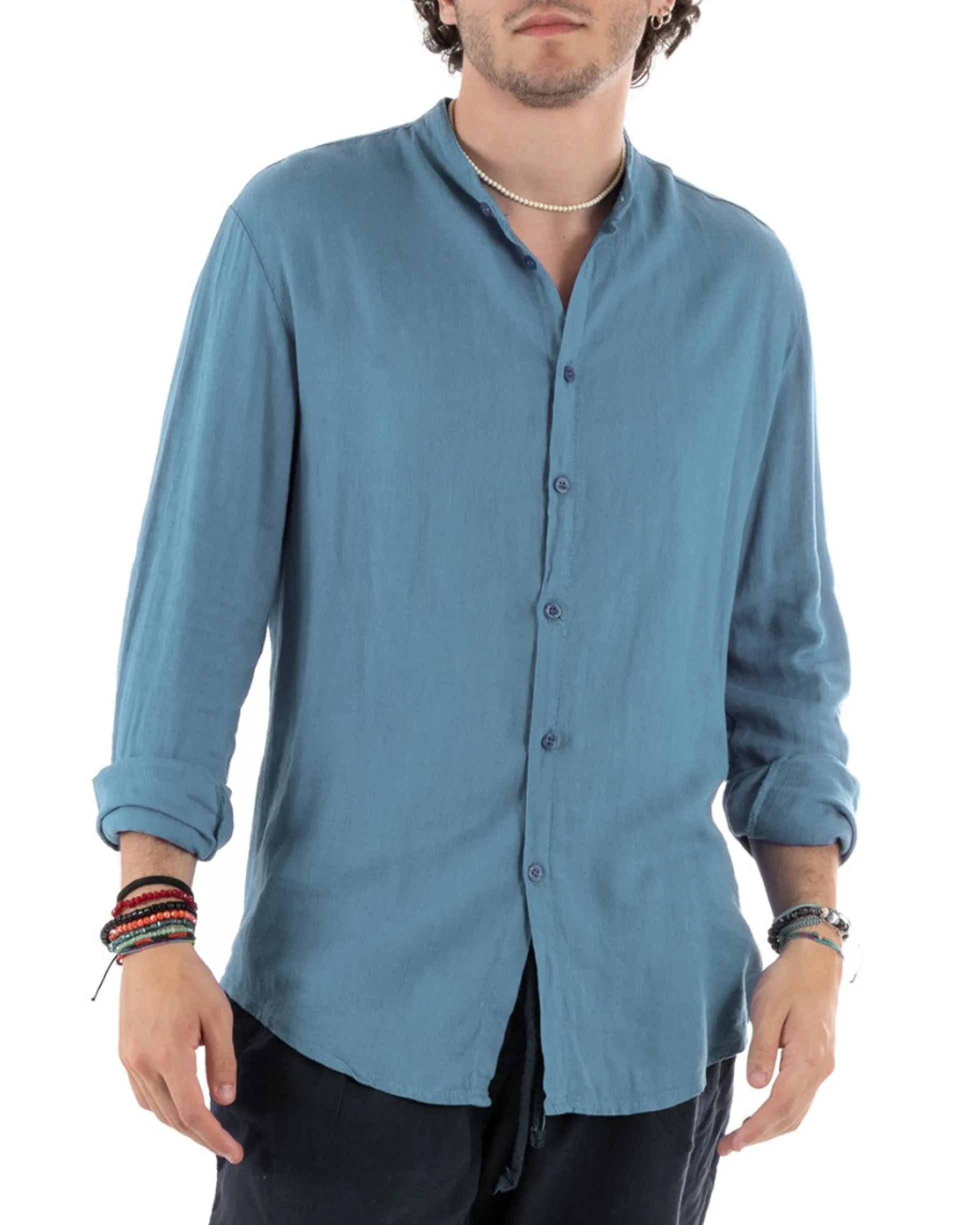 Camicia Uomo Collo Coreano Slim Fit Lino Tinta Unita Maniche Lunghe Avio GIOSAL-C2884A