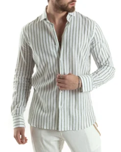 Camicia Uomo Collo Francese Lino Riga Stretta Verde C2749A