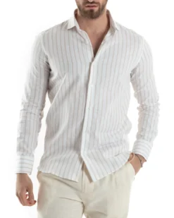 Camicia Uomo Collo Francese Lino Riga Stretta Beige C2750A