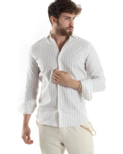 Camicia Uomo Collo Francese Lino Riga Stretta Beige C2750A