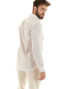 Camicia Uomo Collo Francese Sartoriale Lino Rigata Stretta Beige C2689A