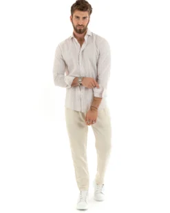 Camicia Uomo Collo Francese Sartoriale Lino Rigata Stretta Beige C2689A